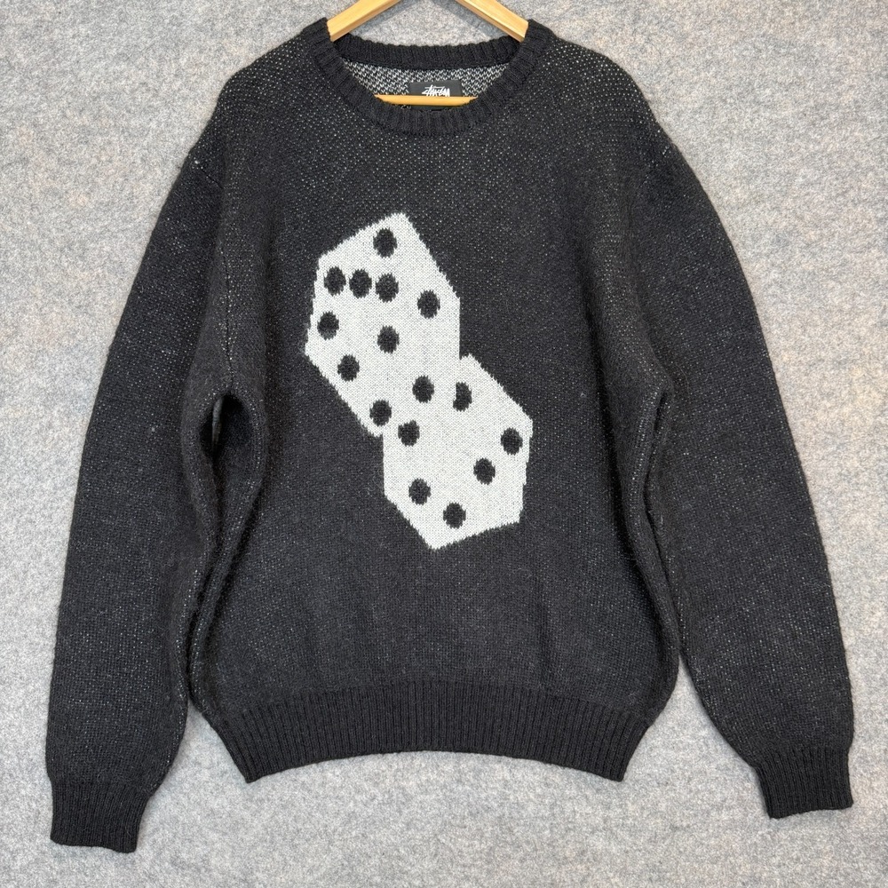 Stussy Dice Wool Mohair Sweater Mens XL Graphic Gray Knit Relaxed Fit Rare